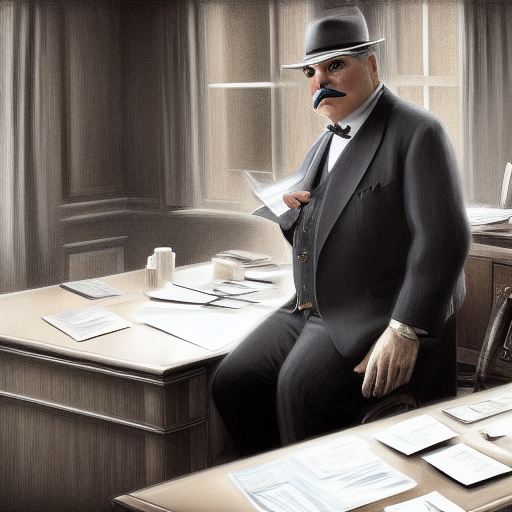 Poirot sitting at a desk in the hotel's private office, holding a document that reveals the true identity of the owner as other characters stand around him, anxiously awaiting his next move.